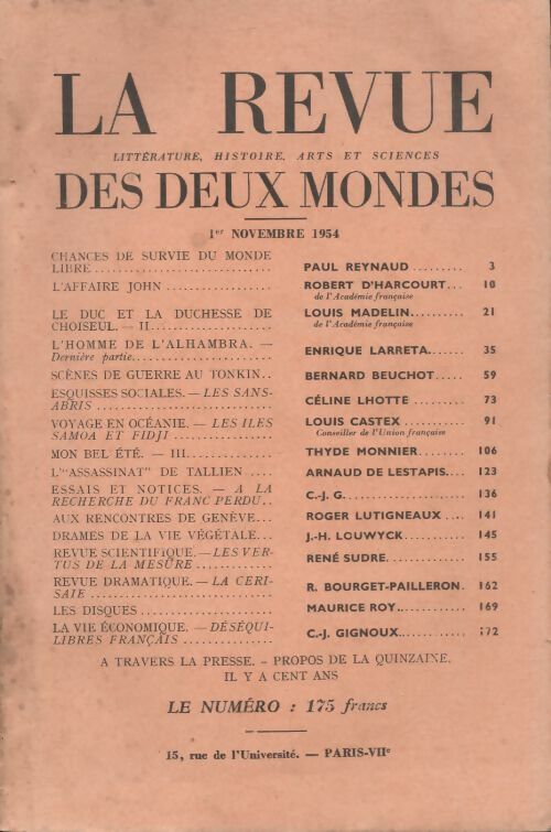 Livrenpoche : Revue des deux mondes n°21 : novembre 1954 - Collectif - Livre
