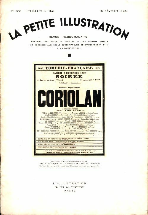Livrenpoche : La petite illustration n°661 théâtre n°661 : Coriolan - Collectif - Livre