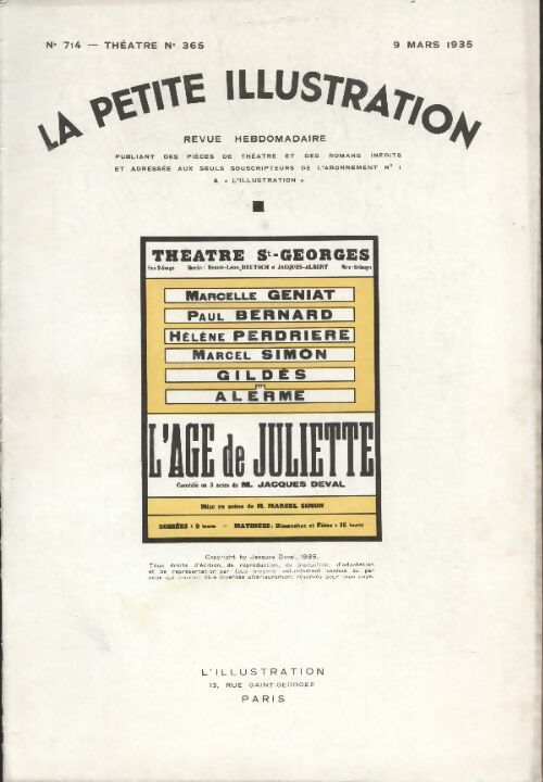 Livrenpoche : La petite illustration n°714 : théâtre n°365 : L'âge de Juliette - Collectif - Livre