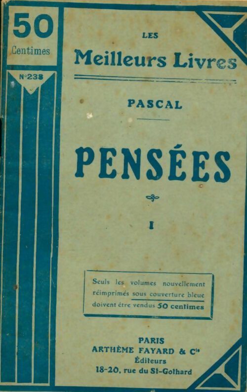 Livrenpoche : Pensées Tome I - Pascal - Livre