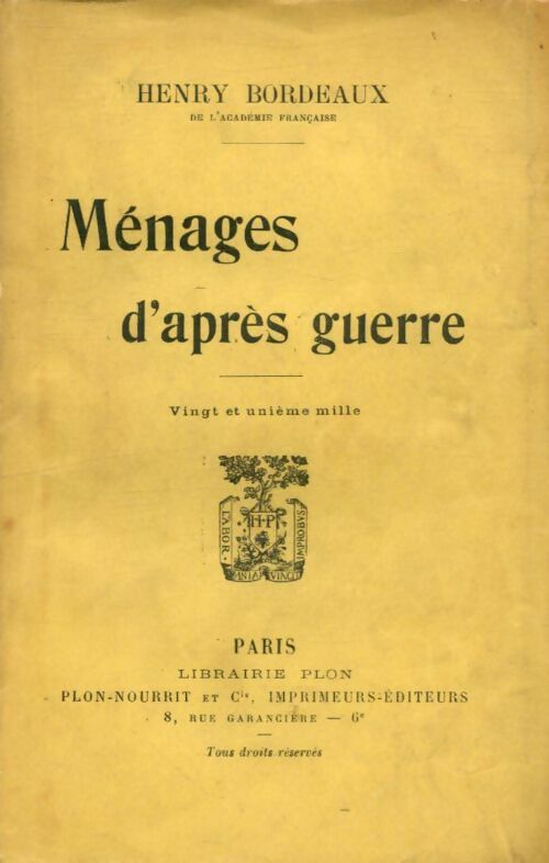 Livrenpoche : Ménages d'après guerre - Henri Bordeaux - Livre
