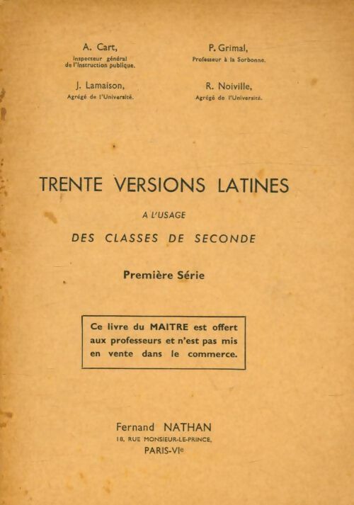 Livrenpoche : Trente versions latines Seconde 1ère série. Livre du maître - Collectif - Livre