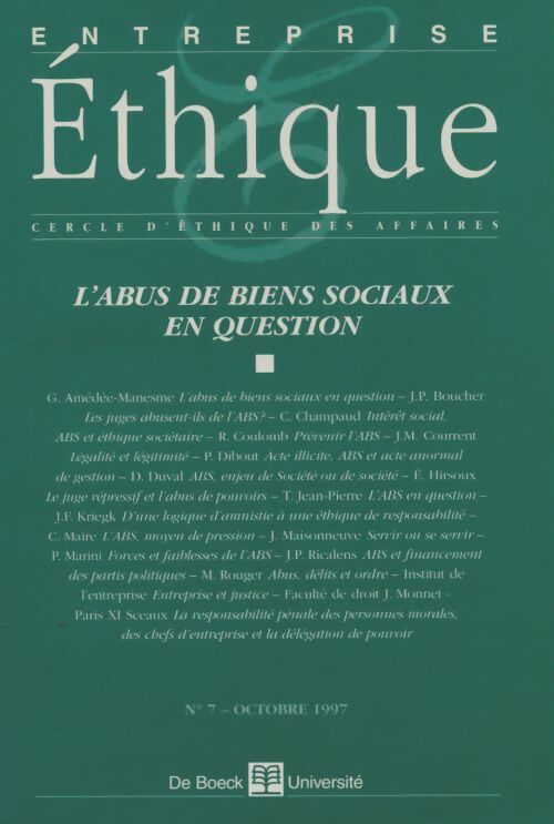 Livrenpoche : Entreprise éthique. L'abus de biens sociaux en questions numéro 1997/2 - De Boeck - Livre