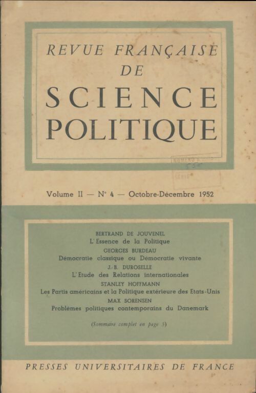 Livrenpoche : Revue française de sience politique Volume II n°4 1952 - Collectif - Livre