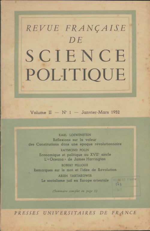 Livrenpoche : Revue française de sience politique Volume II n°1 1952 - Collectif - Livre
