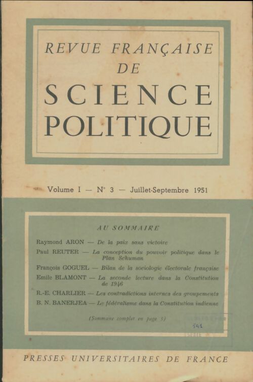 Livrenpoche : Revue française de science politique Volume I n°3 1951 - Collectif - Livre