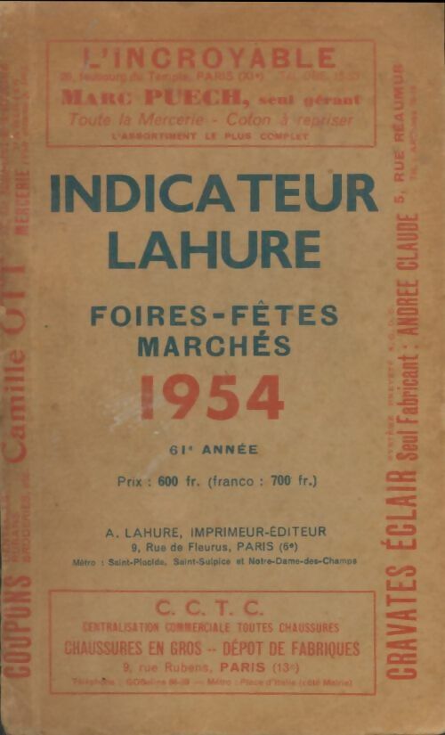 Livrenpoche : Indicateur Lahure foires, fêtes, marchés 1954 - Collectif - Livre