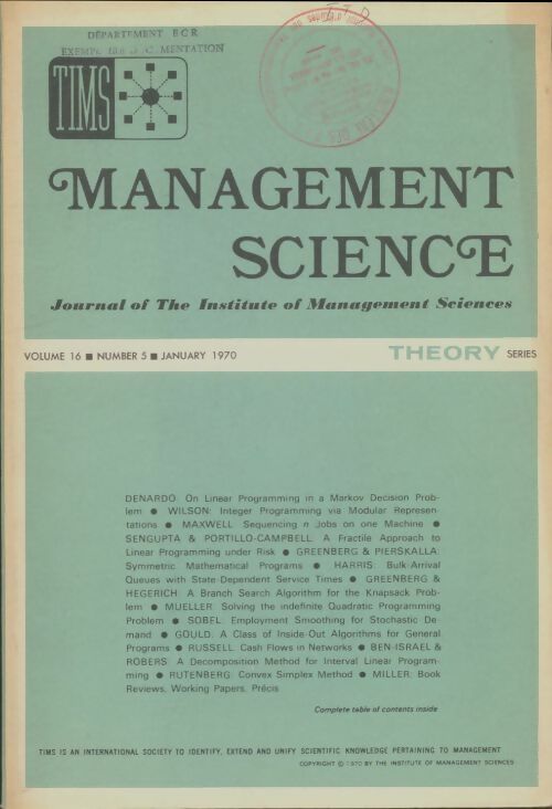 Livrenpoche : Management science volume 16 n°5 - Collectif - Livre