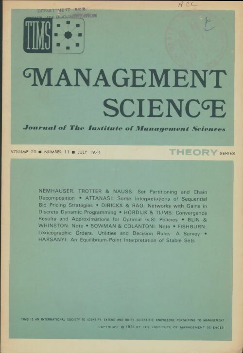 Livrenpoche : Management science volume 20 n°11 - Collectif - Livre