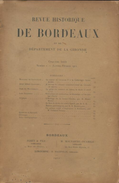 Livrenpoche : Revue historique de Bordeaux 5e année n°1 - Collectif - Livre