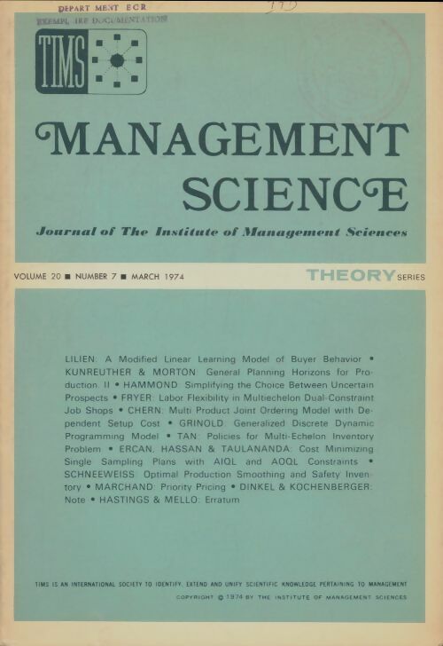 Livrenpoche : Management science volume 20 n°7 - Collectif - Livre