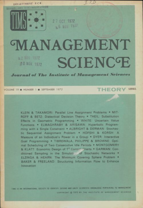 Livrenpoche : Management science volume 19 n°1 - Collectif - Livre