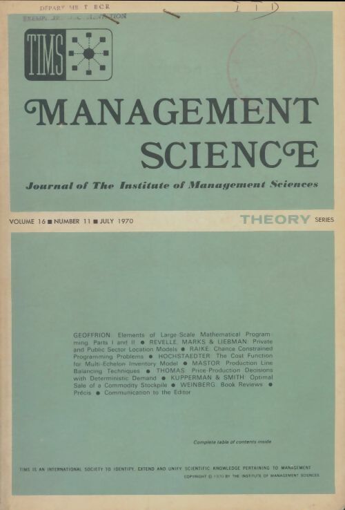Livrenpoche : Management science volume 16 n°11 - Collectif - Livre