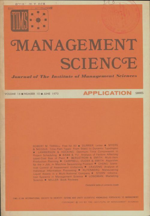 Livrenpoche : Management science volume 16 n°10 - Collectif - Livre