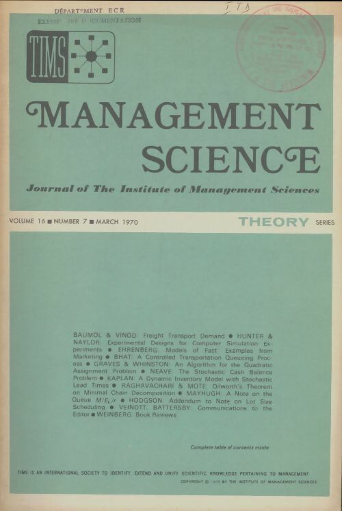 Livrenpoche : Management science volume 16 n°7 - Collectif - Livre
