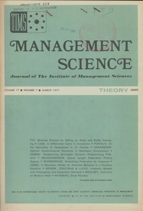 Livrenpoche : Management science volume 17 n°7 - Collectif - Livre
