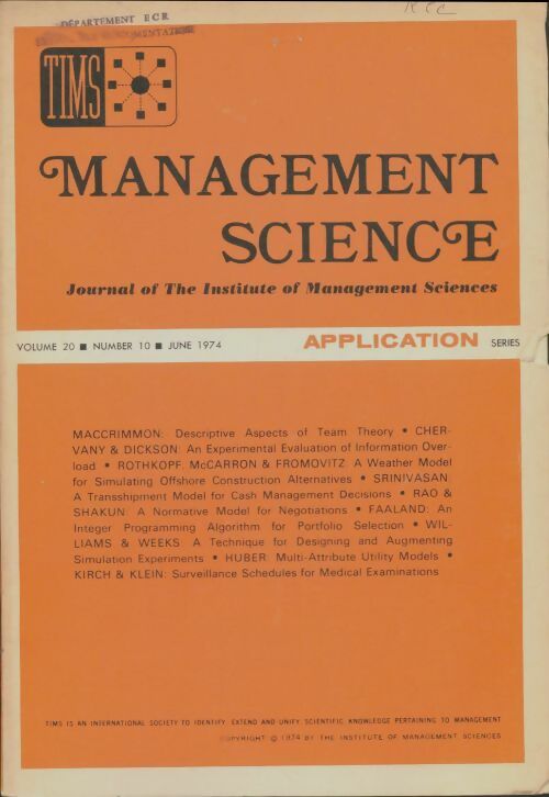 Livrenpoche : Management science volume 20 n°10 - Collectif - Livre