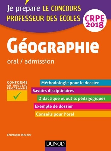 Livrenpoche : Géographie - Professeur des écoles - oral / admission - CRPE 2018 - Christophe Meunier - Livre