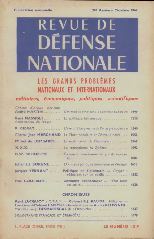 Livrenpoche : Revue de défense nationale Octobre 1964 - Collectif - Livre