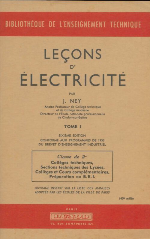 Livrenpoche : Leçons d'électricité Tome I - Jean Ney - Livre