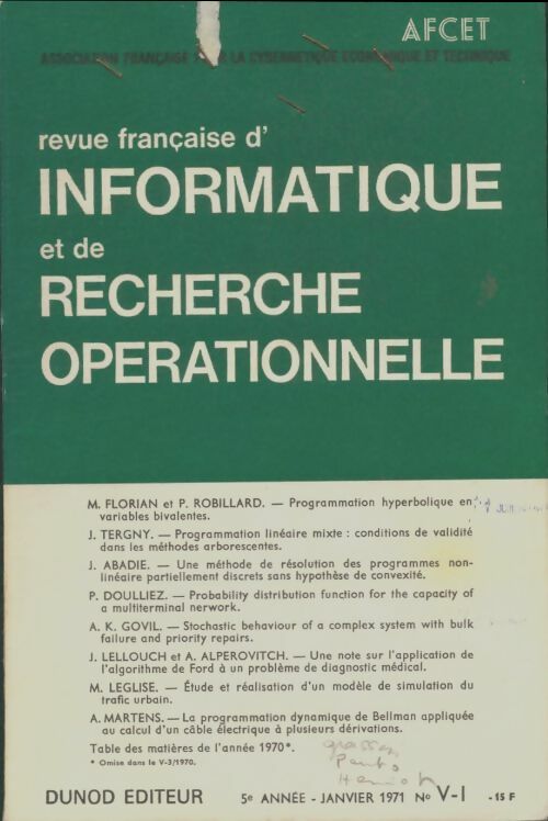 Livrenpoche : Revue française d'informatique et de recherche opoérationnelle n°V-1 1971 - Collectif - Livre