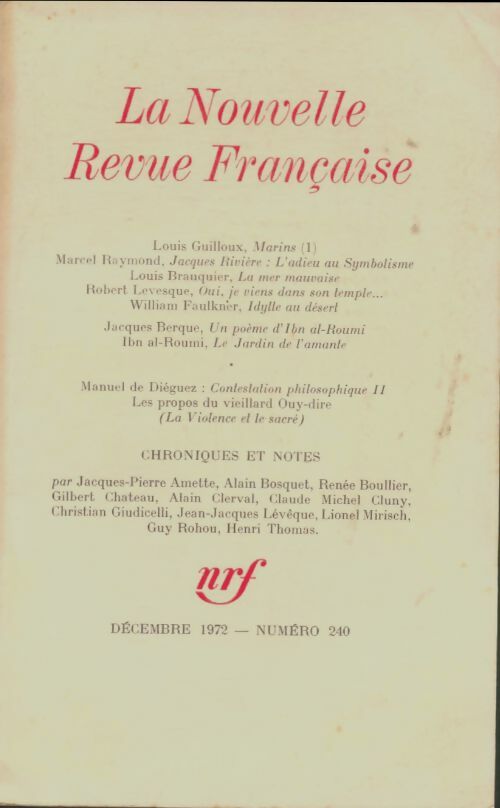 Livrenpoche : La nouvelle revue française n°240 - Collectif - Livre
