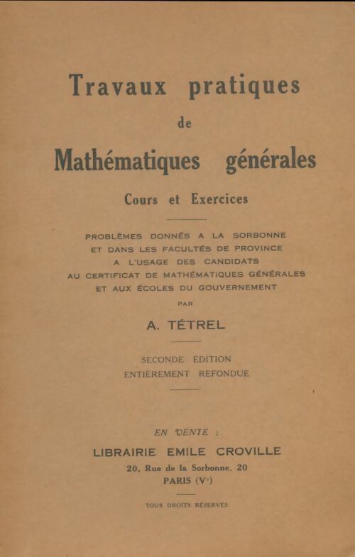 Livrenpoche : Travaux pratiques de mathématiques générales - A Tétrel - Livre