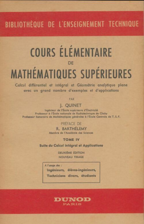 Livrenpoche : Cours élémentaire de mathématiques supérieure Tome IV - J Quinet - Livre