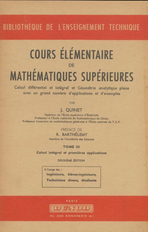 Livrenpoche : Cours élémentaire de mathématiques supérieures Tome III - J Quinet - Livre
