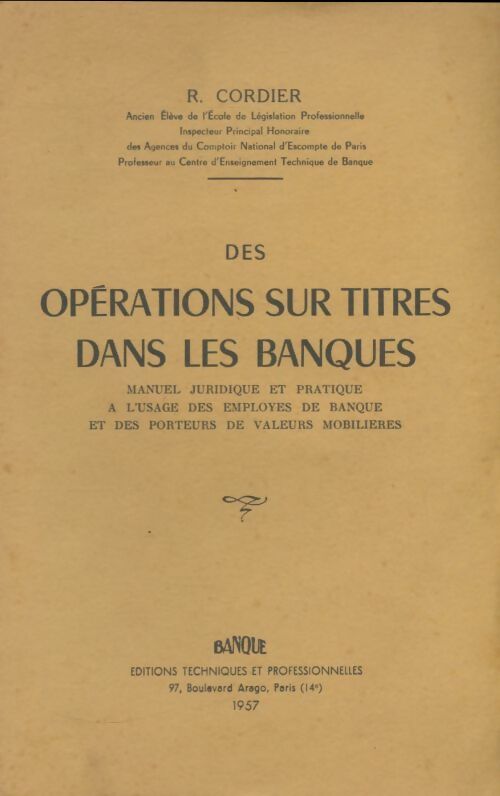 Livrenpoche : Des opérations sur titres dans les banques - R Cordier - Livre