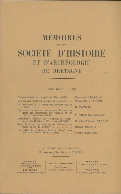 Livrenpoche : Mémoires de la société d'histoire et d'archéologie de Bretagne Tome XLIX - Collectif - Livre