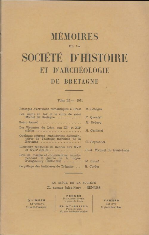 Livrenpoche : Mémoires de la société d'histoire et d'archéologie de Bretagne Tome LI - Collectif - Livre