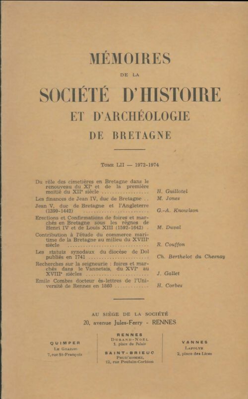 Livrenpoche : Mémoires de la société d'histoire et d'archéologie de Bretagne Tome LII - Collectif - Livre