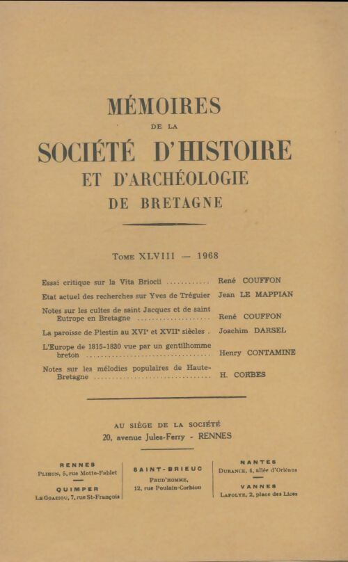 Livrenpoche : Mémoires de la société d'histoire et d'archéologie de Bretagne Tome XLVIII - Collectif - Livre