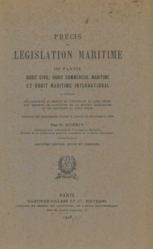 Livrenpoche : Précis de législation maritime Troisième partie - Fernand-Louis-Joseph Guérin - Livre