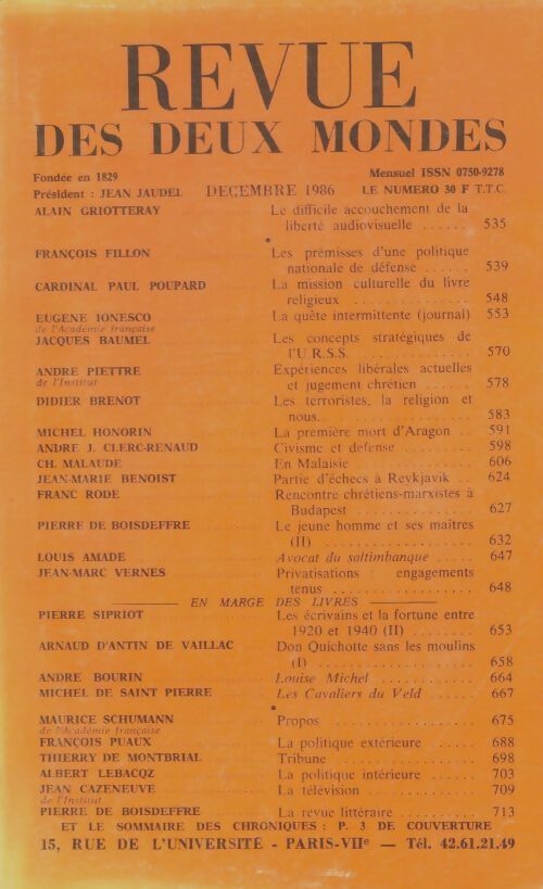 Livrenpoche : Revue des deux mondes décembre 1986 - Collectif - Livre
