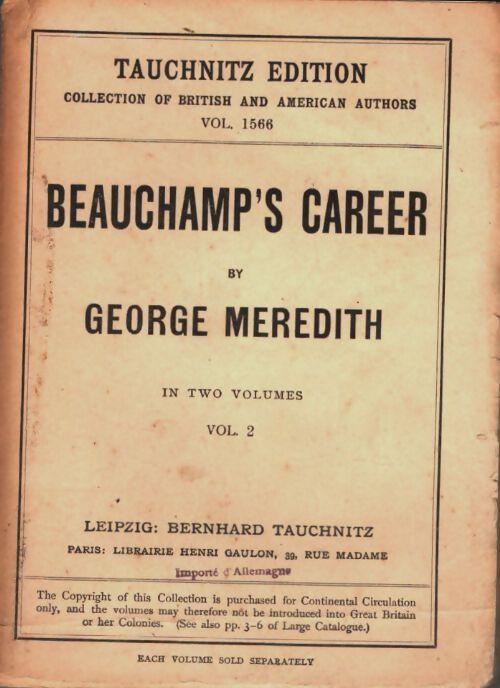 Livrenpoche : Beauchamp's career Tome II - George Meredith - Livre