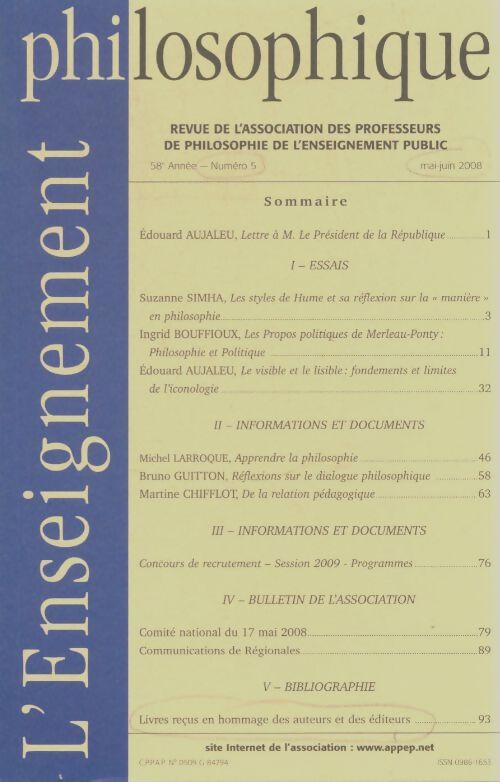 Livrenpoche : L'enseignement philosophique 58e année n°5 - Collectif - Livre