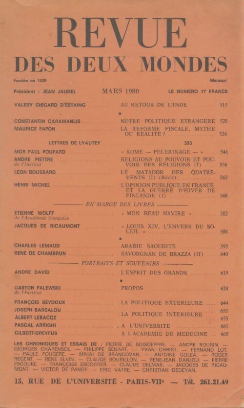 Livrenpoche : Revue des deux mondes mars 1980 - Collectif - Livre