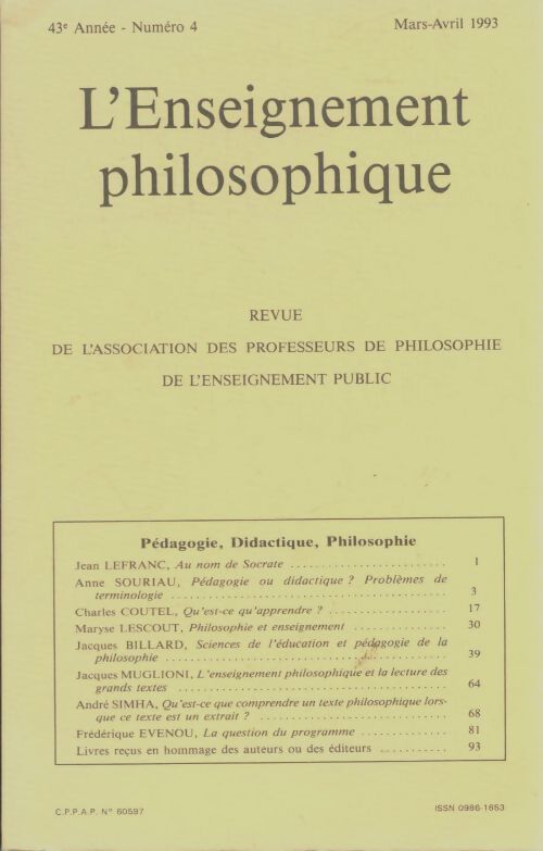 Livrenpoche : L'enseignement philosophique 43e année n°4 - Collectif - Livre