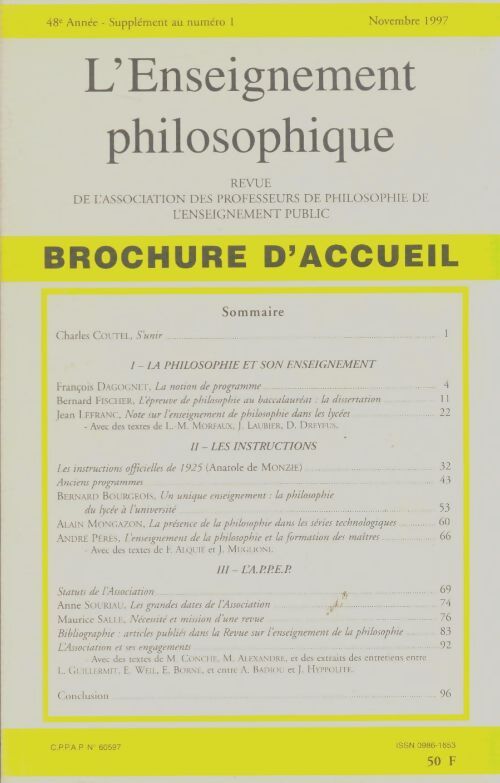 Livrenpoche : L'enseignement philosophique 48e année n°1 - Collectif - Livre