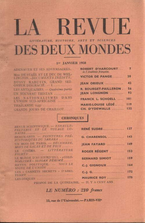 Revue des deux mondes janvier 1958 - Collectif - Livre