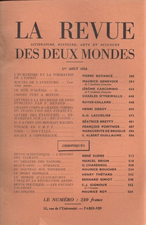 Revue des deux mondes aout 1958 - Collectif - Livre