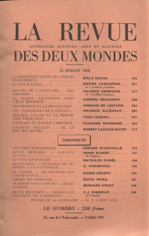 Revue des deux mondes 15 juillet 1958 - Collectif - Livre
