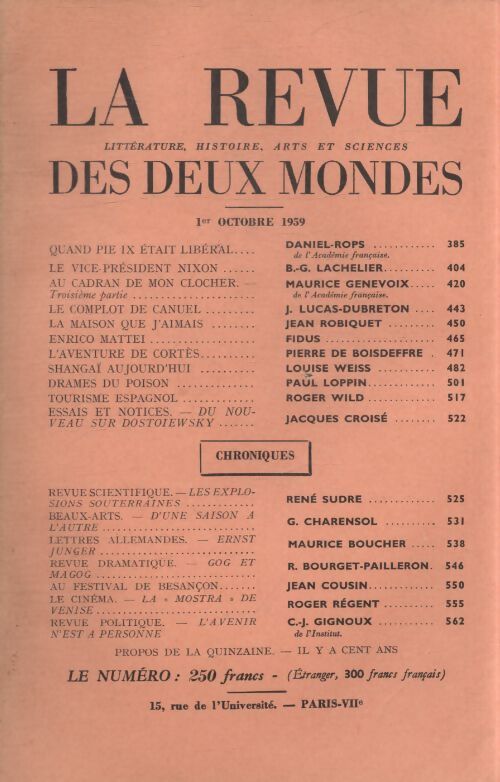 Revue des deux mondes octobre 1959 - Collectif - Livre