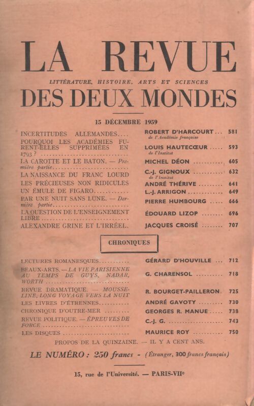 Revue des deux mondes 15 décembre 1959 - Collectif - Livre