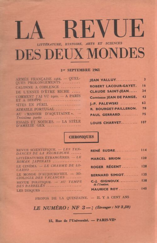 Revue des deux mondes septembre 1961 - Collectif - Livre
