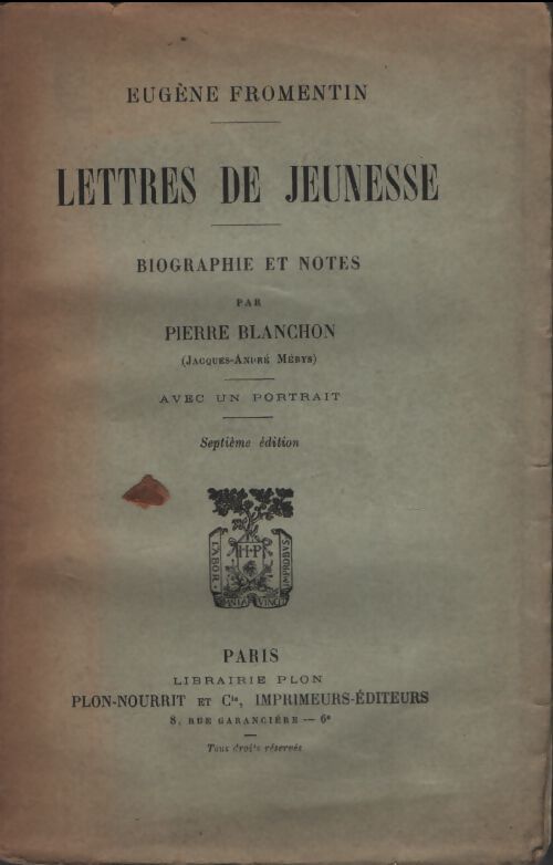 Lettres de jeunesse - Eugène Fromentin - Livre