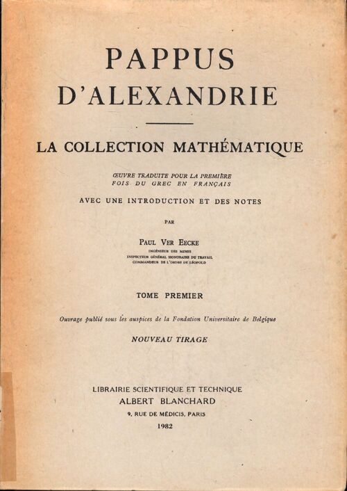 Pappus d'Alexandrie. La collection mathématique (2 vols) - Paul Ver Eecke - Livre