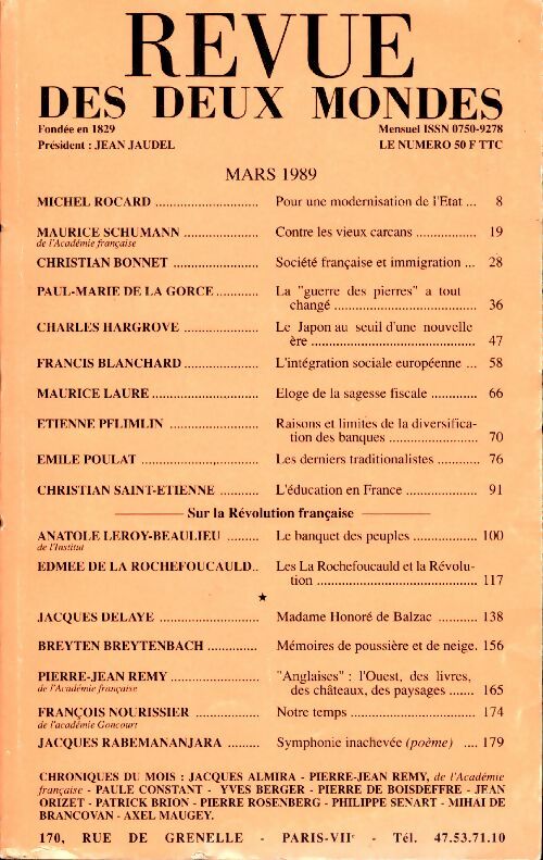 Revue des deux mondes Mars 1989 - Collectif - Revue des deux mondes - Livre